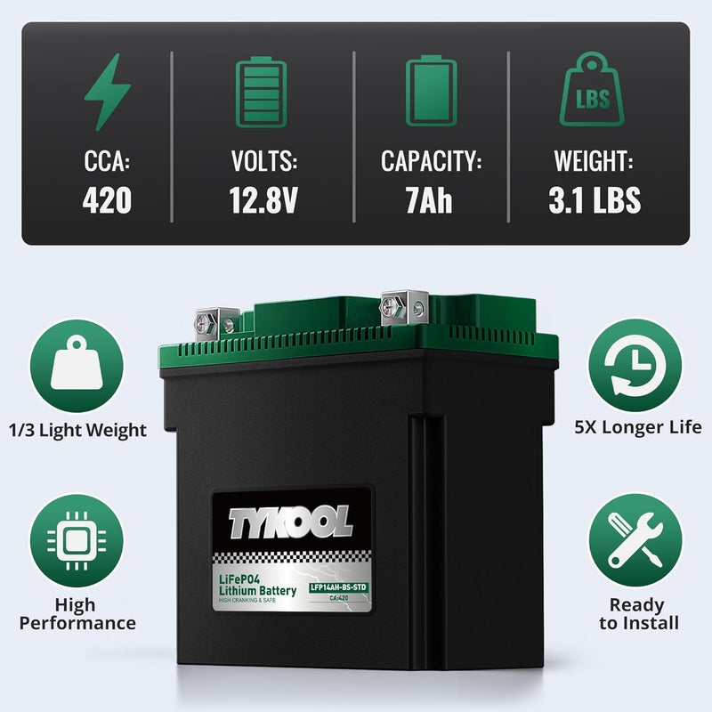 TYKOOL YTX14AH-BS-STD, LiFePO4 Lithium Motorcycle Battery,12.8V 7Ah,420CCA,5X Longer Life,Digital Readout, Powersports Battery,Fits for ATV, UTV, Snow mobile,Polarity:[+ -] - Image 3